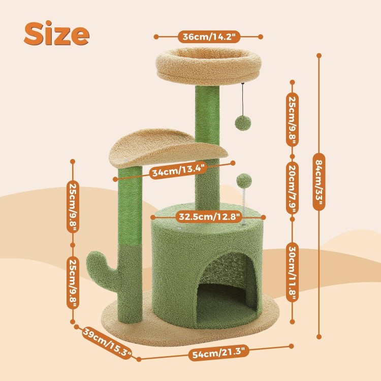 PAWZ Road Cactus Cat Tree 32 Inches Small Cat Tower with Sisal Covered Scratching Post, Cozy Condo, Plush Perches and Fluffy Balls for Indoor Cats