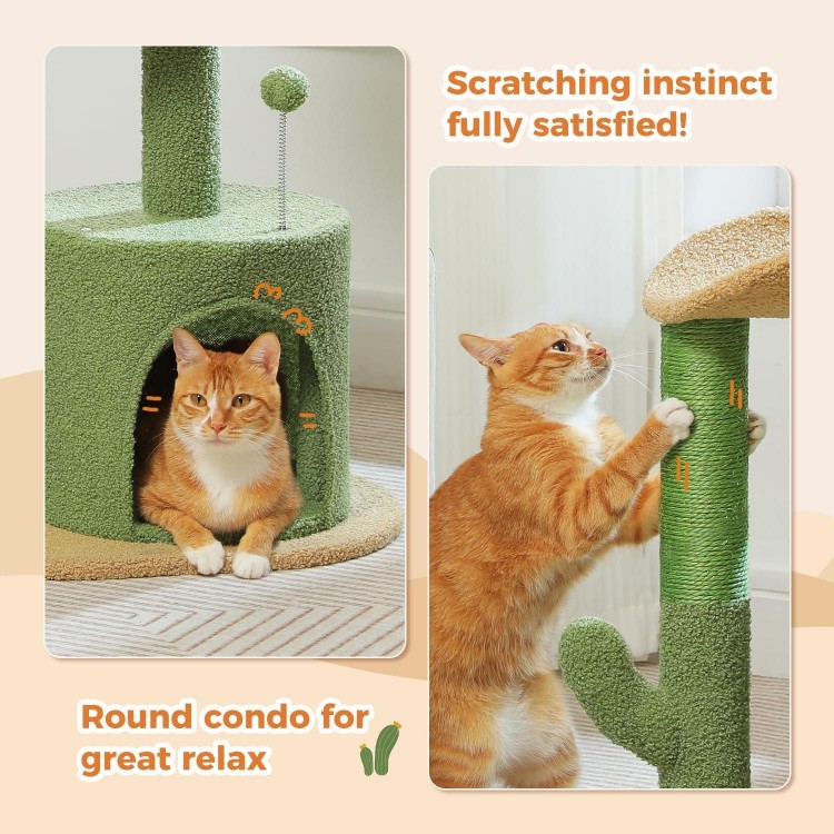 PAWZ Road Cactus Cat Tree 32 Inches Small Cat Tower with Sisal Covered Scratching Post, Cozy Condo, Plush Perches and Fluffy Balls for Indoor Cats