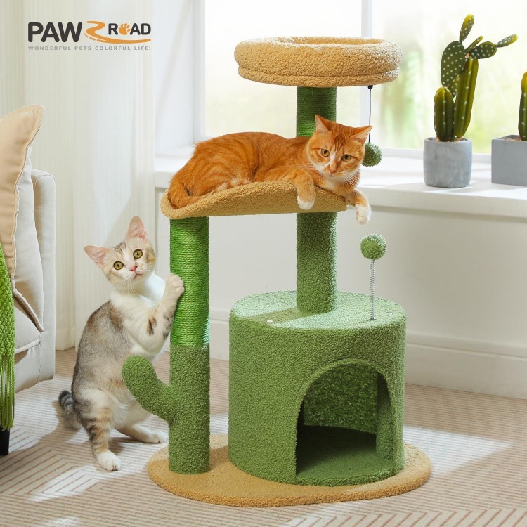 PAWZ Road Cactus Cat Tree 32 Inches Small Cat Tower with Sisal Covered Scratching Post, Cozy Condo, Plush Perches and Fluffy Balls for Indoor Cats