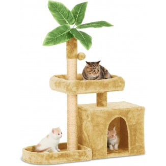 31.5 Cat Tree Cat Tower for Indoor Cats with Green Leaves, Cat Condo Cozy Plush Cat House with Hang Ball and Leaf Shape Design, Cat Furniture Pet House with Cat Scratching Posts, Beige