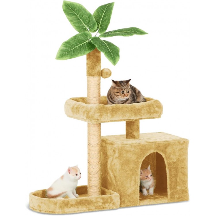 31.5 Cat Tree Cat Tower for Indoor Cats with Green Leaves, Cat Condo Cozy Plush Cat House with Hang Ball and Leaf Shape Design, Cat Furniture Pet House with Cat Scratching Posts, Beige