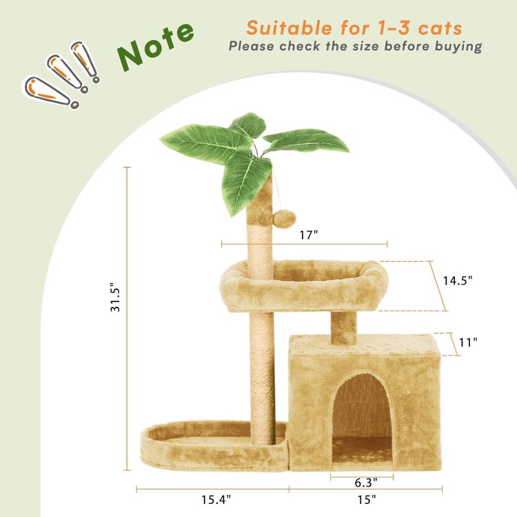 31.5 Cat Tree Cat Tower for Indoor Cats with Green Leaves, Cat Condo Cozy Plush Cat House with Hang Ball and Leaf Shape Design, Cat Furniture Pet House with Cat Scratching Posts, Beige