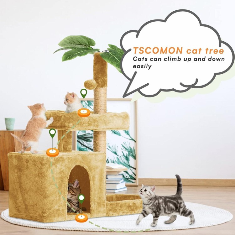 31.5 Cat Tree Cat Tower for Indoor Cats with Green Leaves, Cat Condo Cozy Plush Cat House with Hang Ball and Leaf Shape Design, Cat Furniture Pet House with Cat Scratching Posts, Beige