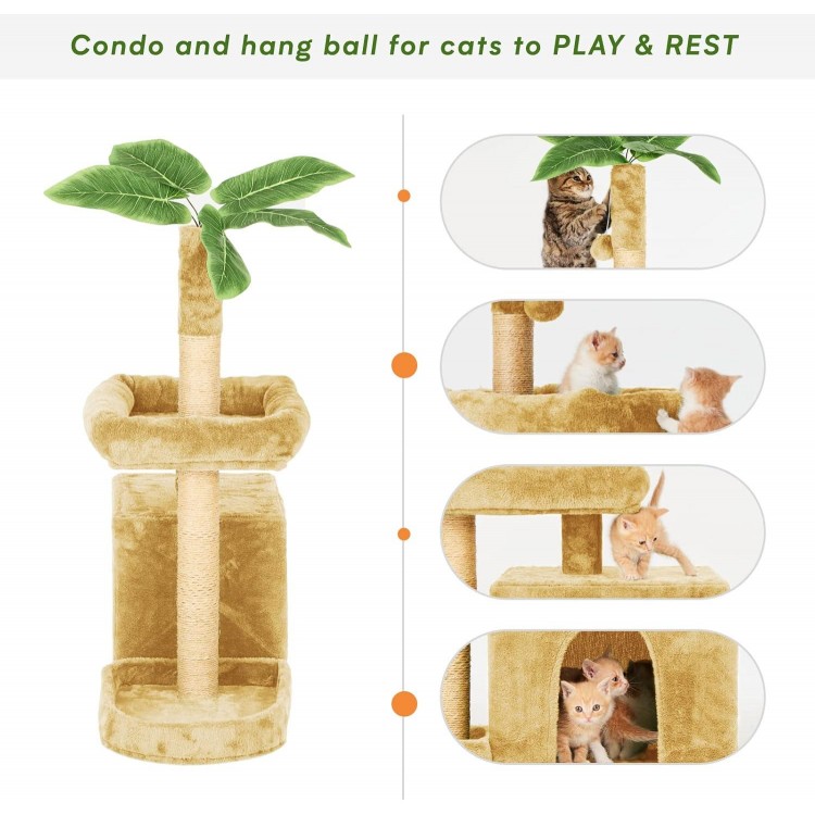 31.5 Cat Tree Cat Tower for Indoor Cats with Green Leaves, Cat Condo Cozy Plush Cat House with Hang Ball and Leaf Shape Design, Cat Furniture Pet House with Cat Scratching Posts, Beige