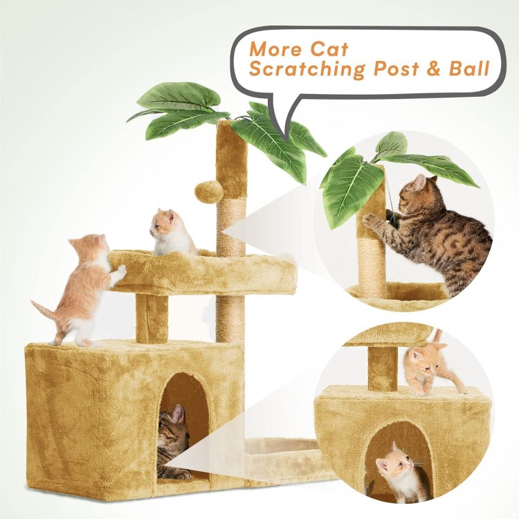 31.5 Cat Tree Cat Tower for Indoor Cats with Green Leaves, Cat Condo Cozy Plush Cat House with Hang Ball and Leaf Shape Design, Cat Furniture Pet House with Cat Scratching Posts, Beige