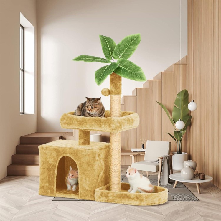 31.5 Cat Tree Cat Tower for Indoor Cats with Green Leaves, Cat Condo Cozy Plush Cat House with Hang Ball and Leaf Shape Design, Cat Furniture Pet House with Cat Scratching Posts, Beige