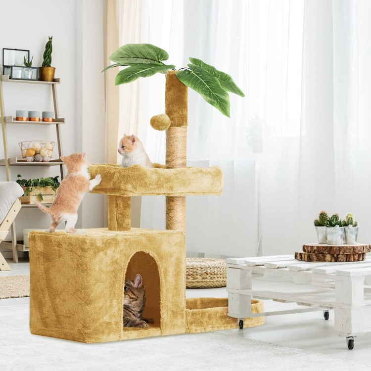 31.5 Cat Tree Cat Tower for Indoor Cats with Green Leaves, Cat Condo Cozy Plush Cat House with Hang Ball and Leaf Shape Design, Cat Furniture Pet House with Cat Scratching Posts, Beige