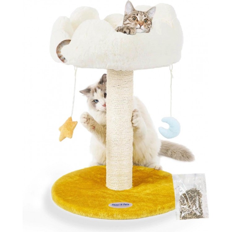 Happi N Pets Cloud Cat Scratching Post with Bed, Cat Tree Tower for Indoor Cats, Natural Sisal Cat Scratcher with Soft Perch for Kitten & Adult Cats, Small Cat Tower with Toys, Cat Activity Tree