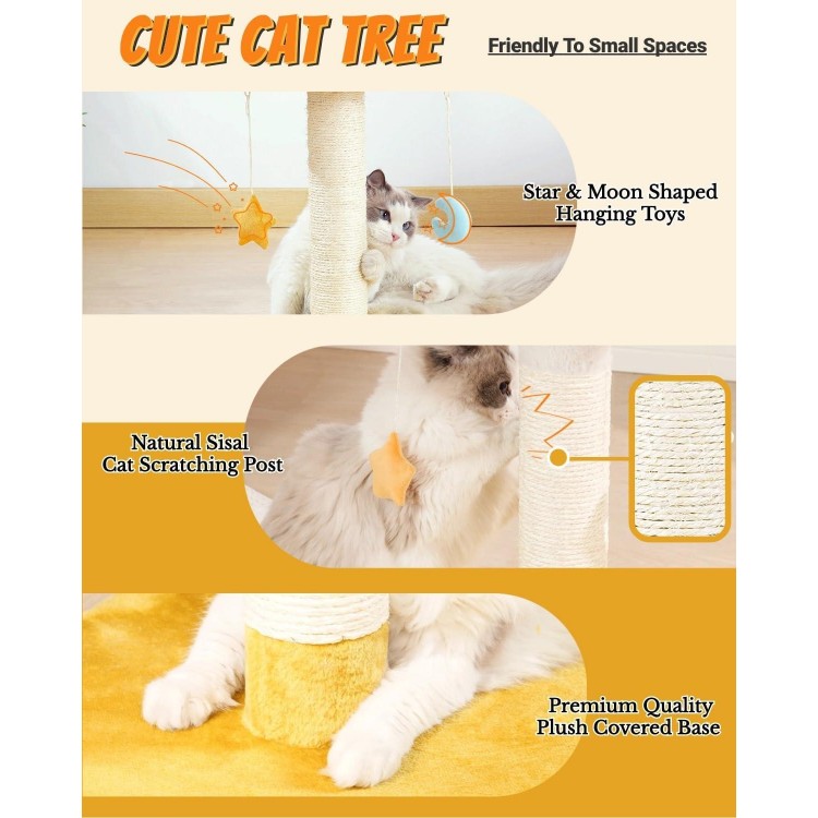 Happi N Pets Cloud Cat Scratching Post with Bed, Cat Tree Tower for Indoor Cats, Natural Sisal Cat Scratcher with Soft Perch for Kitten & Adult Cats, Small Cat Tower with Toys, Cat Activity Tree