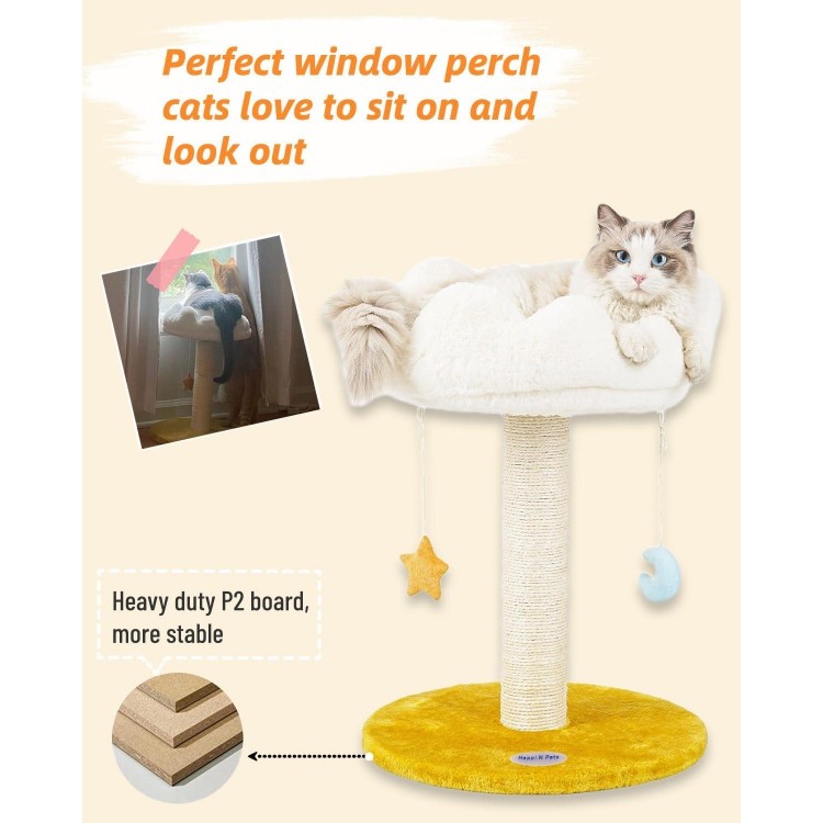 Happi N Pets Cloud Cat Scratching Post with Bed, Cat Tree Tower for Indoor Cats, Natural Sisal Cat Scratcher with Soft Perch for Kitten & Adult Cats, Small Cat Tower with Toys, Cat Activity Tree