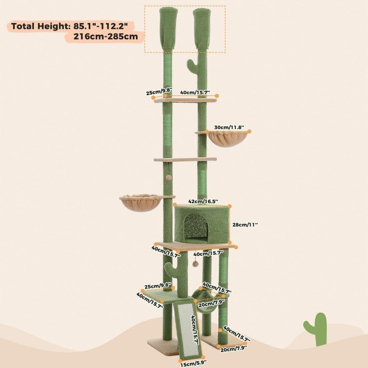 PAWZ Road Cactus Cat Tree Floor to Ceiling Cat Tower with Adjustable Height(85-112 Inches), 7 Tiers Climbing Activity Center with Cozy Hammocks, 5 Platforms and Scratching Posts for Indoor Cats