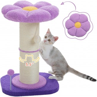 PEQULTI Flower Cat Scratching Post, Small Cat Tree, Tall Cat Scratcher for Indoor Cats with Super Thick Scratching Post [Dia=5.5''], Removable Flower Cat Bed, Cat Scratch Post with Spring Ball, Purple