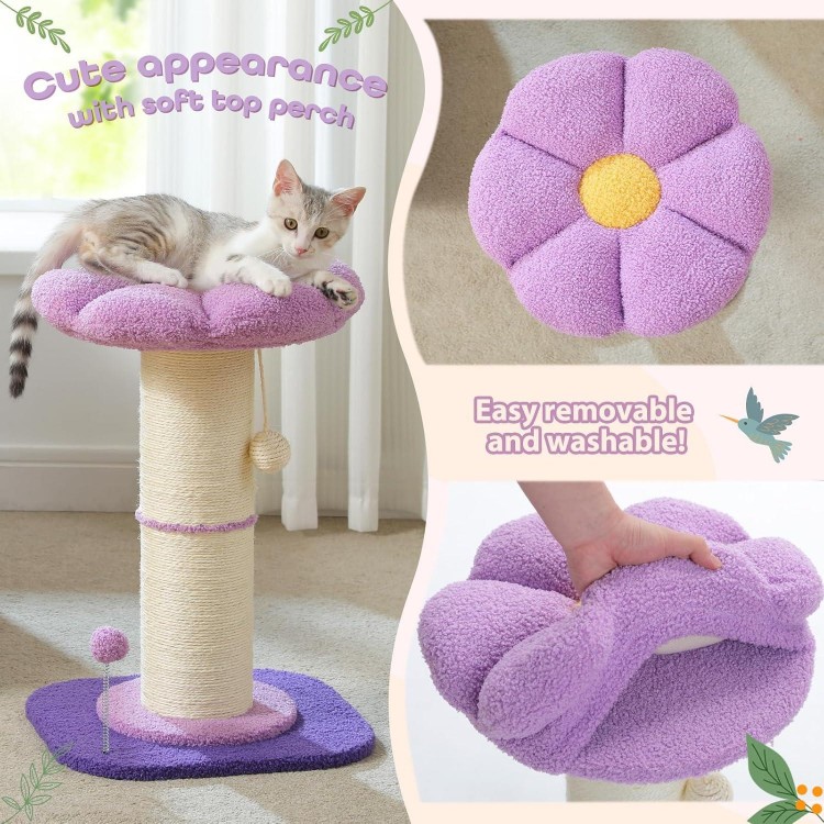 PEQULTI Flower Cat Scratching Post, Small Cat Tree, Tall Cat Scratcher for Indoor Cats with Super Thick Scratching Post [Dia=5.5''], Removable Flower Cat Bed, Cat Scratch Post with Spring Ball, Purple