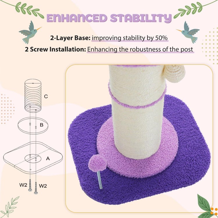 PEQULTI Flower Cat Scratching Post, Small Cat Tree, Tall Cat Scratcher for Indoor Cats with Super Thick Scratching Post [Dia=5.5''], Removable Flower Cat Bed, Cat Scratch Post with Spring Ball, Purple