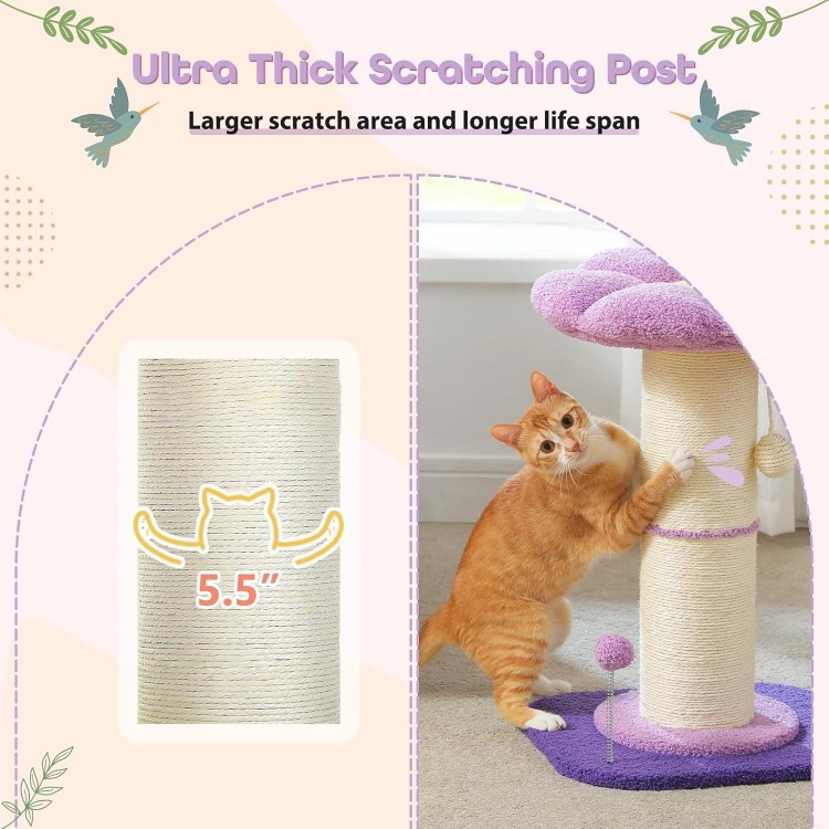 PEQULTI Flower Cat Scratching Post, Small Cat Tree, Tall Cat Scratcher for Indoor Cats with Super Thick Scratching Post [Dia=5.5''], Removable Flower Cat Bed, Cat Scratch Post with Spring Ball, Purple