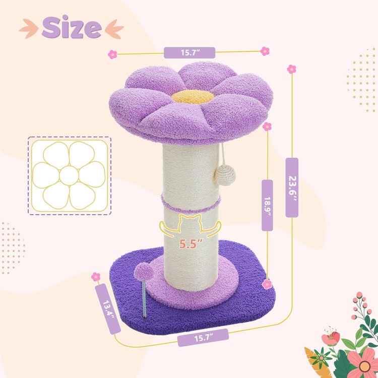 PEQULTI Flower Cat Scratching Post, Small Cat Tree, Tall Cat Scratcher for Indoor Cats with Super Thick Scratching Post [Dia=5.5''], Removable Flower Cat Bed, Cat Scratch Post with Spring Ball, Purple