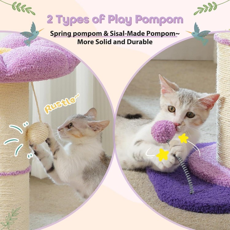 PEQULTI Flower Cat Scratching Post, Small Cat Tree, Tall Cat Scratcher for Indoor Cats with Super Thick Scratching Post [Dia=5.5''], Removable Flower Cat Bed, Cat Scratch Post with Spring Ball, Purple