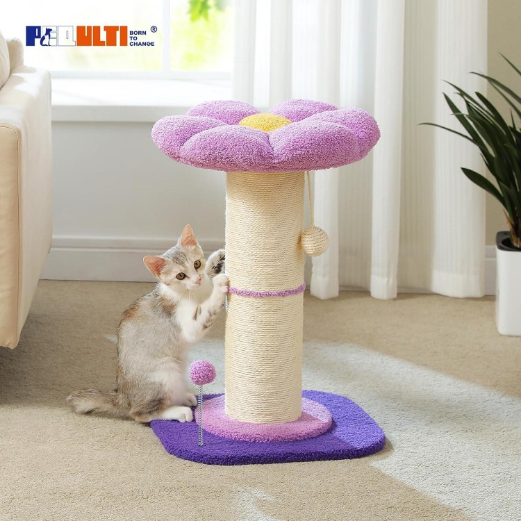 PEQULTI Flower Cat Scratching Post, Small Cat Tree, Tall Cat Scratcher for Indoor Cats with Super Thick Scratching Post [Dia=5.5''], Removable Flower Cat Bed, Cat Scratch Post with Spring Ball, Purple