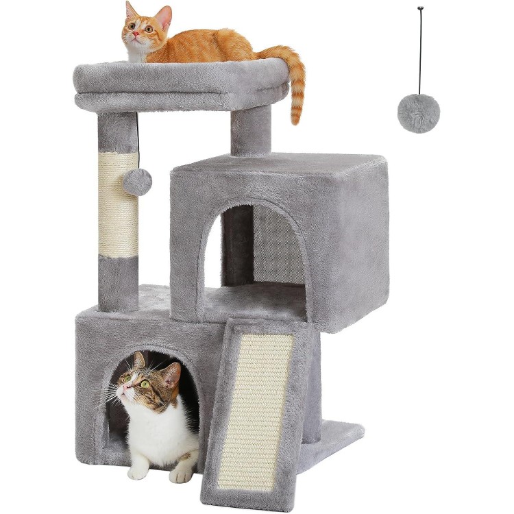 PAWZ Road Cat Tree, 30 Inches Cat Tower with Dual Condos for Indoor Cats, Plush Cat House with Padded Perch, Scratching Ramp and Posts and Replaceable Balls-Gray