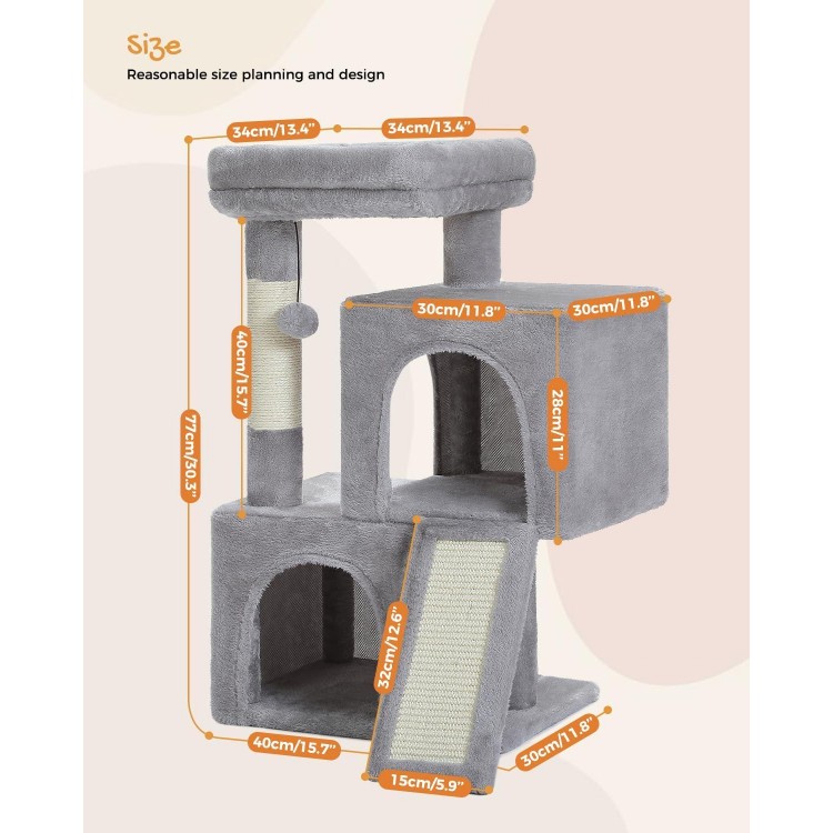 PAWZ Road Cat Tree, 30 Inches Cat Tower with Dual Condos for Indoor Cats, Plush Cat House with Padded Perch, Scratching Ramp and Posts and Replaceable Balls-Gray