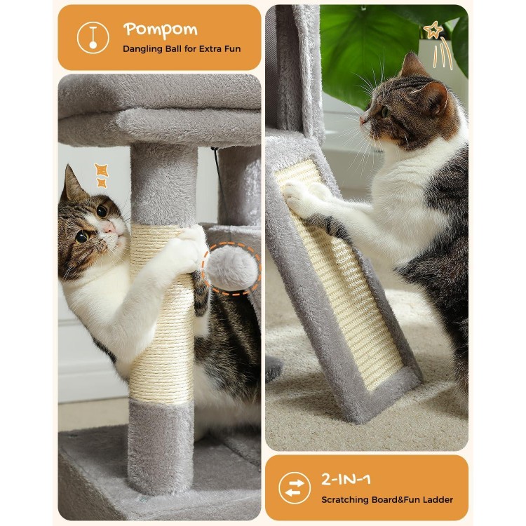 PAWZ Road Cat Tree, 30 Inches Cat Tower with Dual Condos for Indoor Cats, Plush Cat House with Padded Perch, Scratching Ramp and Posts and Replaceable Balls-Gray