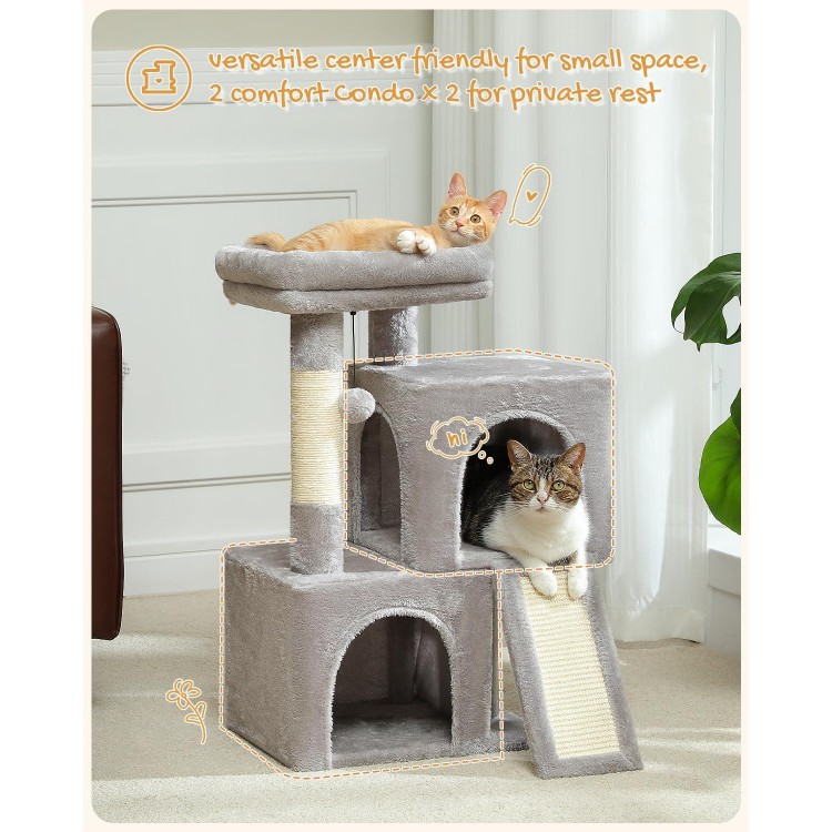 PAWZ Road Cat Tree, 30 Inches Cat Tower with Dual Condos for Indoor Cats, Plush Cat House with Padded Perch, Scratching Ramp and Posts and Replaceable Balls-Gray