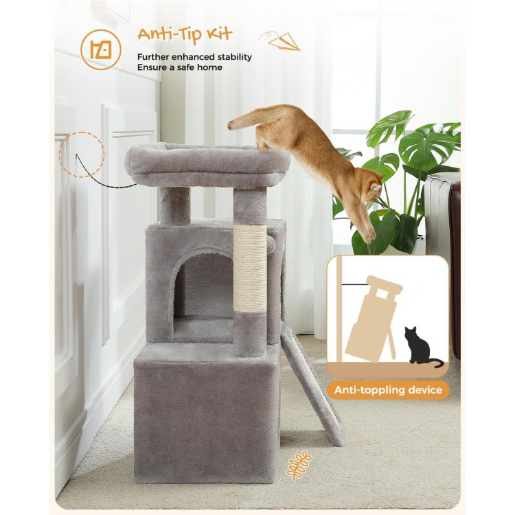 PAWZ Road Cat Tree, 30 Inches Cat Tower with Dual Condos for Indoor Cats, Plush Cat House with Padded Perch, Scratching Ramp and Posts and Replaceable Balls-Gray