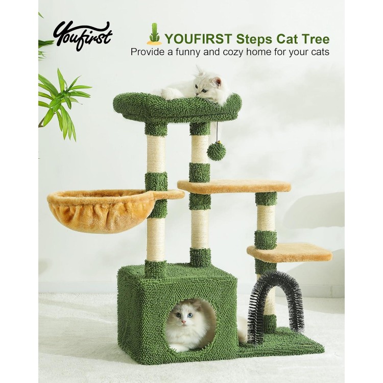 Youfirst Small Cat Tree, Cat Tower with Scratching Posts for Indoor Cats,Cat Condo with Hammock, Plush Perch, Cat Furniture Kittens Activity Center (Green)