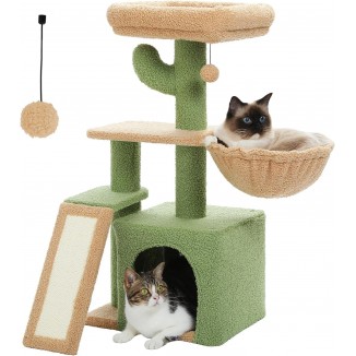 PETEPELA Cactus Cat Tree for Indoor Cats, 32'' Small Cat Tower Cat Condo with Sisal Scratching Ramp, Cozy Hammock and Removable Top Bed Perch for Kittens, Green