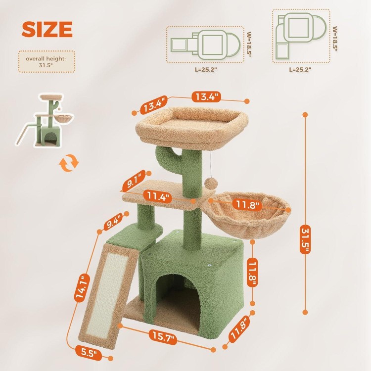 PETEPELA Cactus Cat Tree for Indoor Cats, 32'' Small Cat Tower Cat Condo with Sisal Scratching Ramp, Cozy Hammock and Removable Top Bed Perch for Kittens, Green