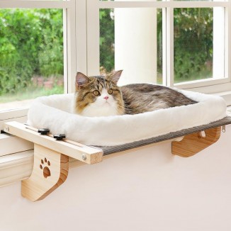 AMOSIJOY Cat Sill Window Perch Sturdy Hammock Seat with Cushion Bed Cover, Wood & Metal Frame for Large Cats, Easy to Adjust Windowsill, Bedside, Drawer and Cabinet(Cushion Bed)