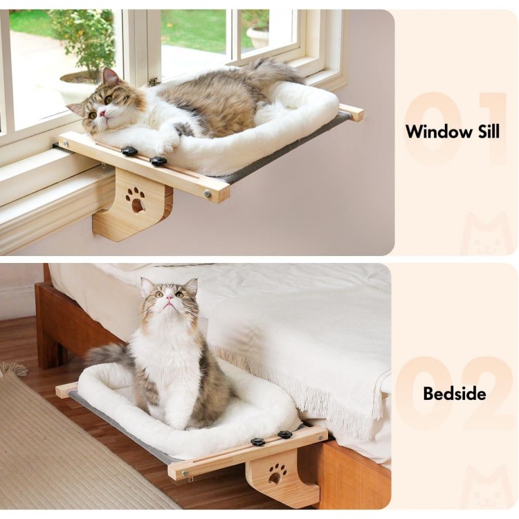 AMOSIJOY Cat Sill Window Perch Sturdy Hammock Seat with Cushion Bed Cover, Wood & Metal Frame for Large Cats, Easy to Adjust Windowsill, Bedside, Drawer and Cabinet(Cushion Bed)