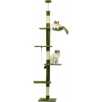 NEGTTE Cat Tree Floor to Ceiling Cat Tower with Adjustable Height, Cat Climbing Activity Center with Hammock, Platforms and Dangling Balls for Indoor Cats (Green, Floor to Ceiling-B)