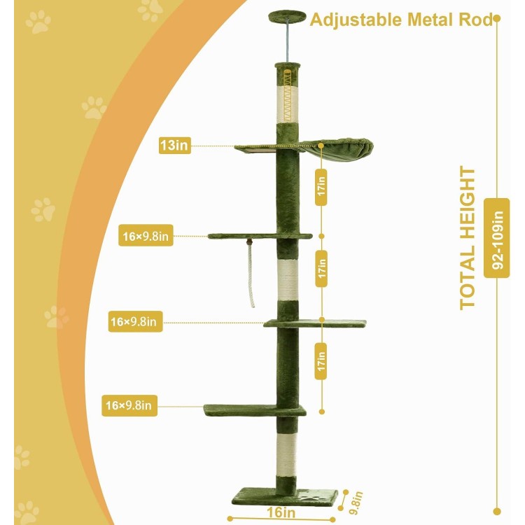 NEGTTE Cat Tree Floor to Ceiling Cat Tower with Adjustable Height, Cat Climbing Activity Center with Hammock, Platforms and Dangling Balls for Indoor Cats (Green, Floor to Ceiling-B)