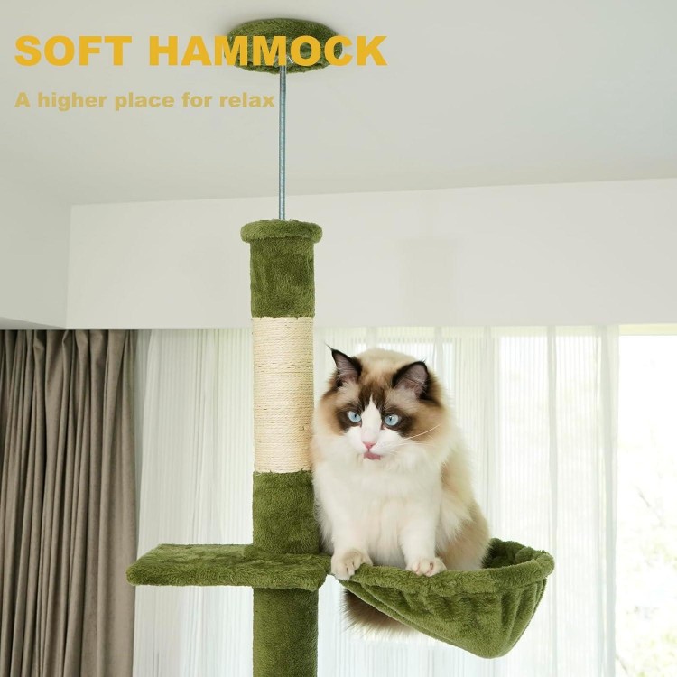 NEGTTE Cat Tree Floor to Ceiling Cat Tower with Adjustable Height, Cat Climbing Activity Center with Hammock, Platforms and Dangling Balls for Indoor Cats (Green, Floor to Ceiling-B)