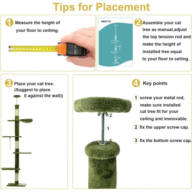 NEGTTE Cat Tree Floor to Ceiling Cat Tower with Adjustable Height, Cat Climbing Activity Center with Hammock, Platforms and Dangling Balls for Indoor Cats (Green, Floor to Ceiling-B)