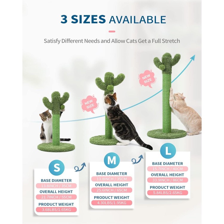 Made4Pets Cat Scratching Post, 25.6 Cactus Cat Scratcher Kitten Scratch Post with Sisal Rope for Indoor Cats Claw Scratcher, Vertical Green Cat Tree with Dangling Ball for Kitties Medium