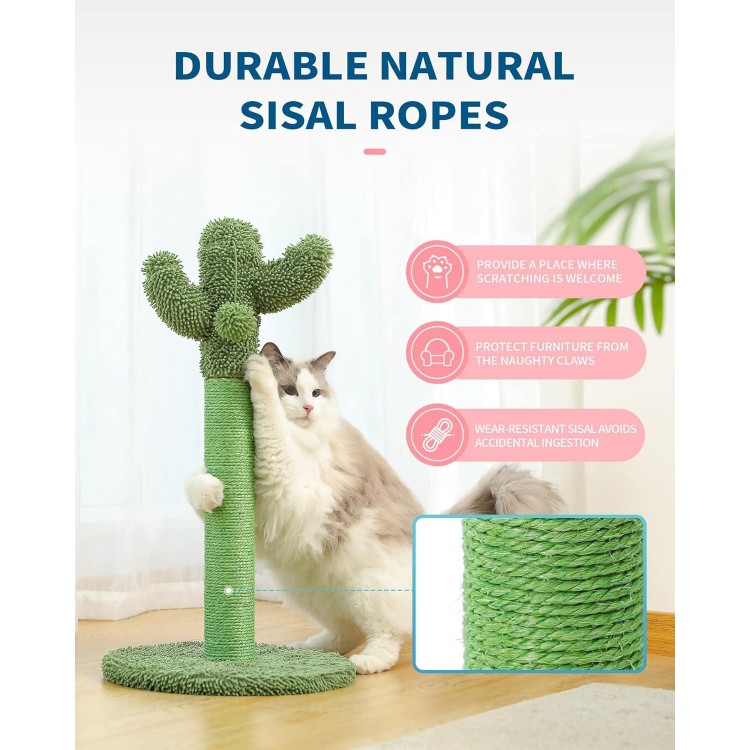 Made4Pets Cat Scratching Post, 25.6 Cactus Cat Scratcher Kitten Scratch Post with Sisal Rope for Indoor Cats Claw Scratcher, Vertical Green Cat Tree with Dangling Ball for Kitties Medium