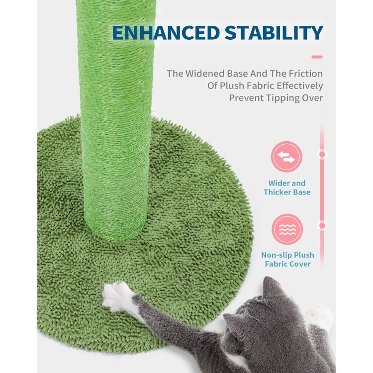 Made4Pets Cat Scratching Post, 25.6 Cactus Cat Scratcher Kitten Scratch Post with Sisal Rope for Indoor Cats Claw Scratcher, Vertical Green Cat Tree with Dangling Ball for Kitties Medium