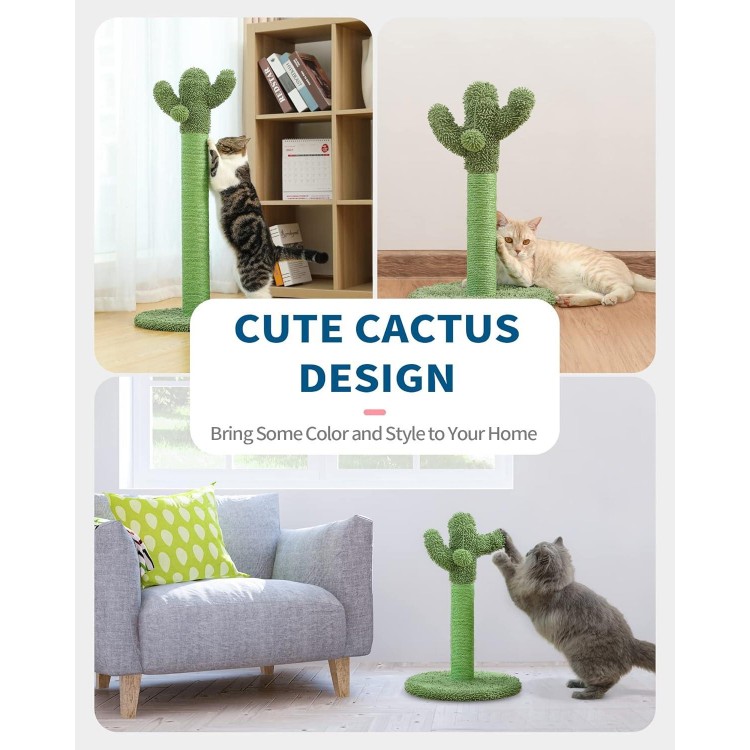 Made4Pets Cat Scratching Post, 25.6 Cactus Cat Scratcher Kitten Scratch Post with Sisal Rope for Indoor Cats Claw Scratcher, Vertical Green Cat Tree with Dangling Ball for Kitties Medium