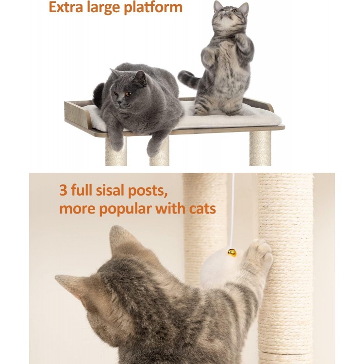 FourFurPets 26.7in Large Cat Tree Tower Condo, Cat Scratch Posts for Indoor Cats, Big Plate, Three 23.6in Full Sisal Scratching Posts, Greige