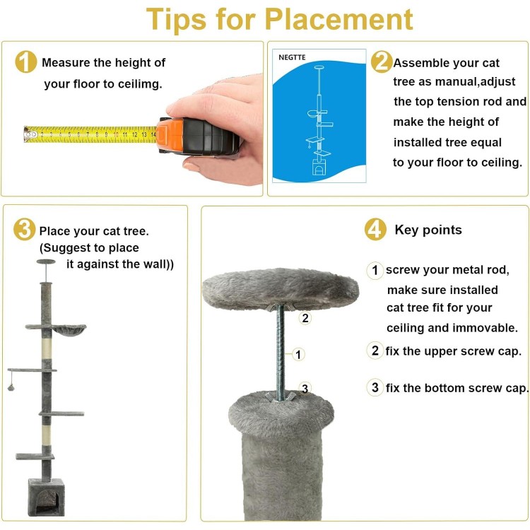 NEGTTE Cat Tree Floor to Ceiling Cat Tower with Adjustable Height, Cat Climbing Activity Center with Cozy Condo& Hammock, Platforms and Dangling Balls for Indoor Cats (Light Gray,007)