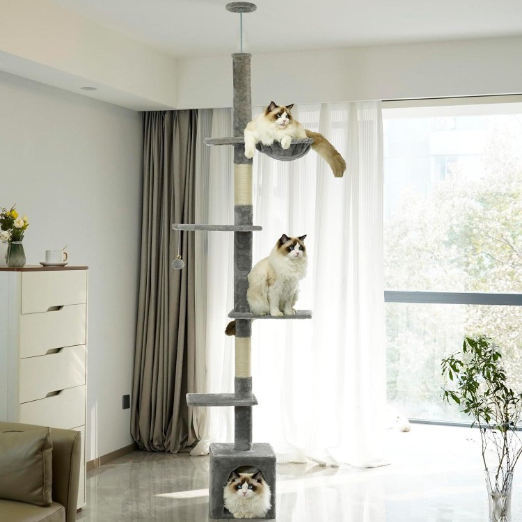 NEGTTE Cat Tree Floor to Ceiling Cat Tower with Adjustable Height, Cat Climbing Activity Center with Cozy Condo& Hammock, Platforms and Dangling Balls for Indoor Cats (Light Gray,007)