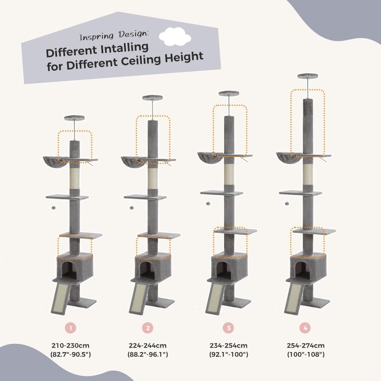 PEQULTI Cat Tree Floor to Ceiling, Tall Cat Tower, Adjustable Height (83''-108'') 5 Tiers Cat Climbing Tree for Indoor Cats with Cat Condo, Cat Scratching Post and Cat Ladder, Grey