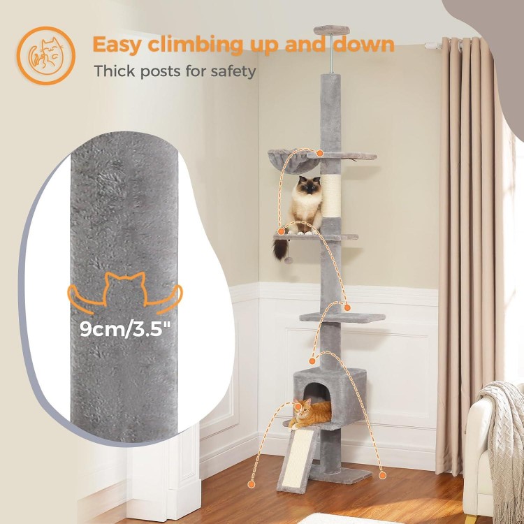 PEQULTI Cat Tree Floor to Ceiling, Tall Cat Tower, Adjustable Height (83''-108'') 5 Tiers Cat Climbing Tree for Indoor Cats with Cat Condo, Cat Scratching Post and Cat Ladder, Grey