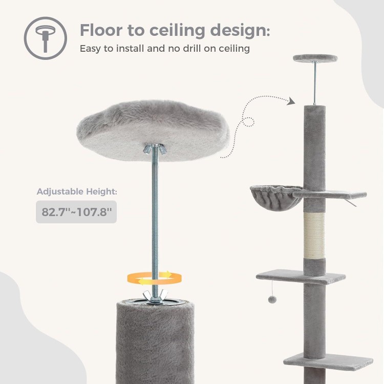 PEQULTI Cat Tree Floor to Ceiling, Tall Cat Tower, Adjustable Height (83''-108'') 5 Tiers Cat Climbing Tree for Indoor Cats with Cat Condo, Cat Scratching Post and Cat Ladder, Grey