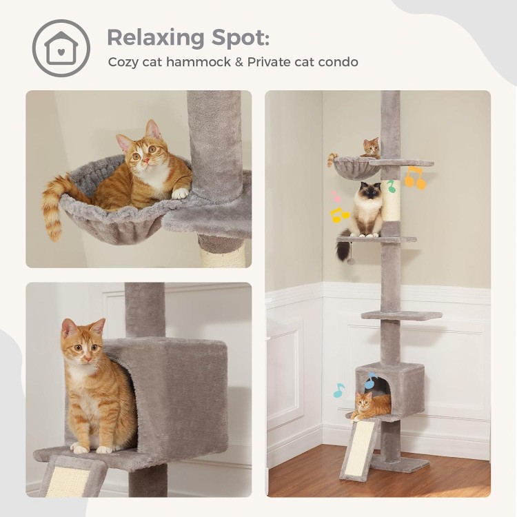 PEQULTI Cat Tree Floor to Ceiling, Tall Cat Tower, Adjustable Height (83''-108'') 5 Tiers Cat Climbing Tree for Indoor Cats with Cat Condo, Cat Scratching Post and Cat Ladder, Grey