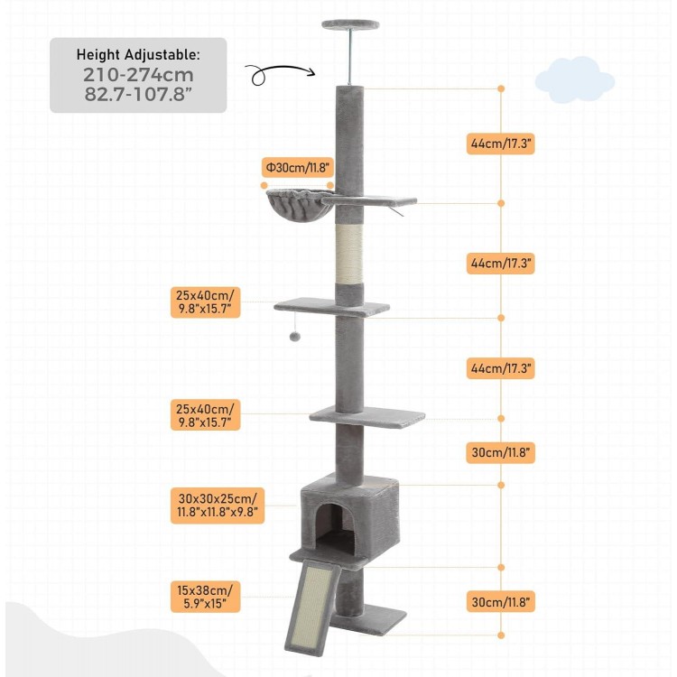 PEQULTI Cat Tree Floor to Ceiling, Tall Cat Tower, Adjustable Height (83''-108'') 5 Tiers Cat Climbing Tree for Indoor Cats with Cat Condo, Cat Scratching Post and Cat Ladder, Grey