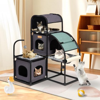 Cat Tree for Large Cat Indoor, Cat Tower, Cat Condo, Two Cat Perch, Two Cat Caves, Soft Cat Basket, Sisal Scratching Stairs, Toys(Grey 02)