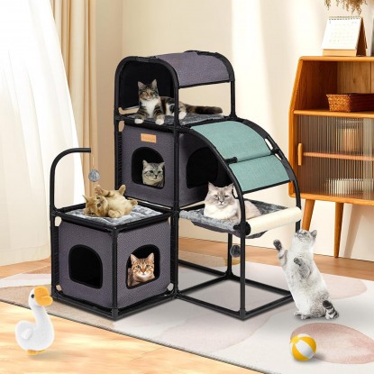 Cat Tree for Large Cat Indoor, Cat Tower, Cat Condo, Two Cat Perch, Two Cat Caves, Soft Cat Basket, Sisal Scratching Stairs, Toys(Grey 02)